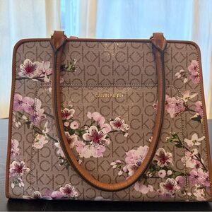 Calvin Klein Margot Textured Logo Tote - Almond/Taupe/Cherry Blossom Emboss-RARE